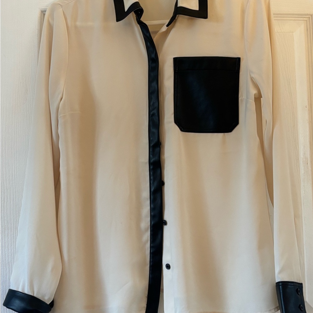 Express Cream and Black Relaxed Portofino Blouse faux black leather trim - Picture 2 of 7
